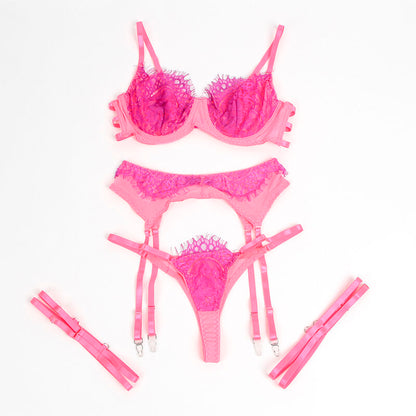 SUBBLIME - 955359 SET OF BRA WITH LACE AND GARTER LINKS PINK AND PURPLE S/M