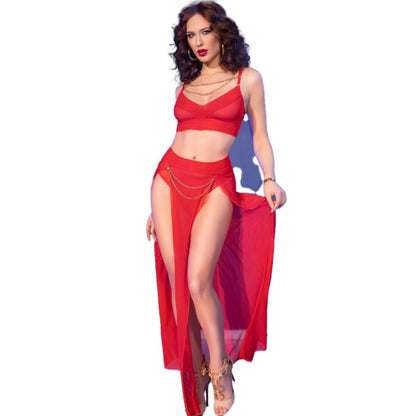 CHILIROSE - CR 4850 RED TOP AND LEGGINGS SET WITH GOLDEN ACCESSORIES M
