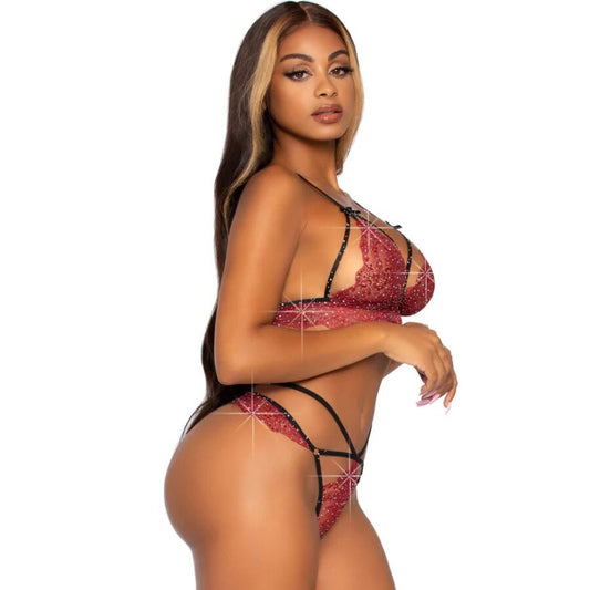 LEG AVENUE - 81623 BRA + THONG SET BURGUNDY SIZE L